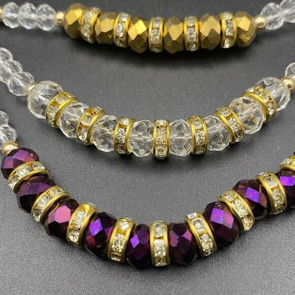 Necklace 16" Choker Gold Tone 3 Strand Beads Purple Dangle  Earrings Bridal Prom - Picture 3 of 6